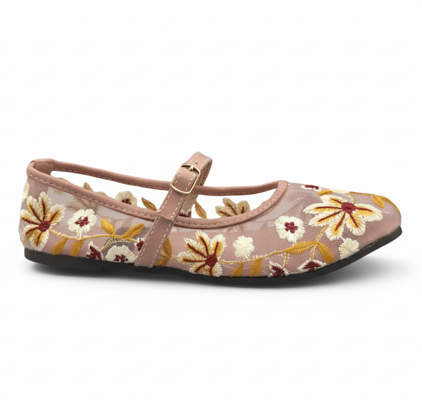Sadnalique FT1007 Pink Floral Embroidered Mesh Flats