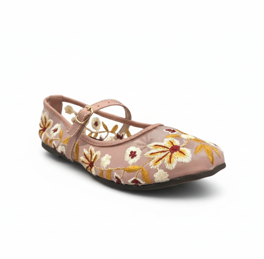 Sadnalique FT1007 Pink Floral Embroidered Mesh Flats