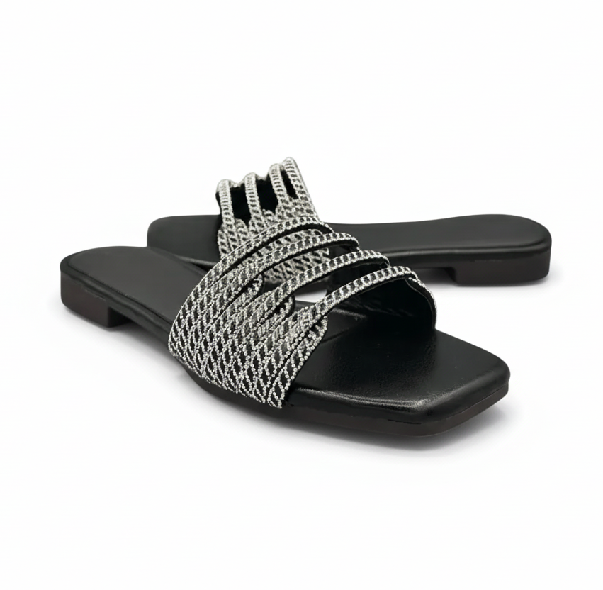 Sandalique FT10011 Black1 Wave Cut Embellished Flats