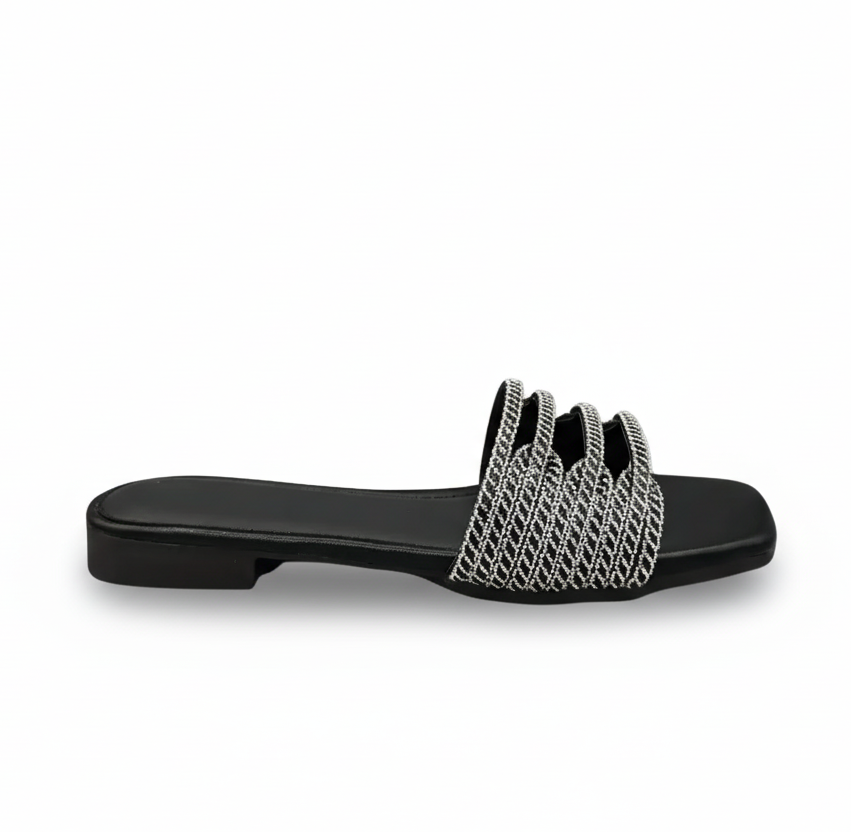 Sandalique FT10011 Black2 Wave Cut Embellished Flats