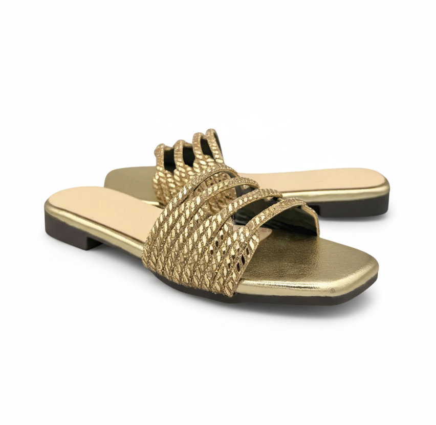 Sandalique FT10011 Gold1 Wave Cut Embellished Flats