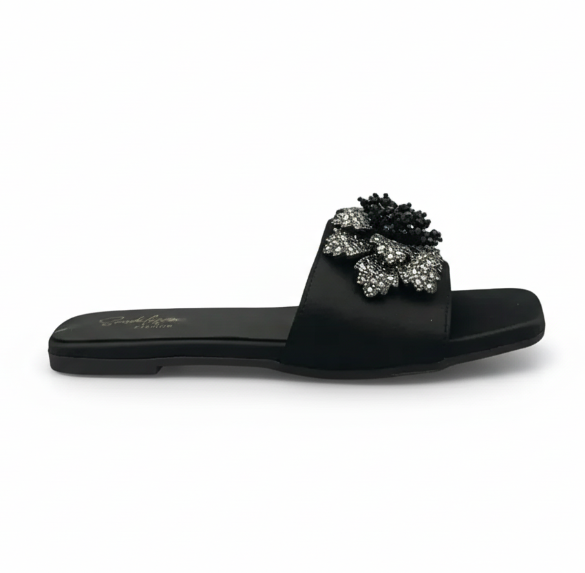 Sandalique FT10016 Black1 Floral Embellished Slip-On Flats