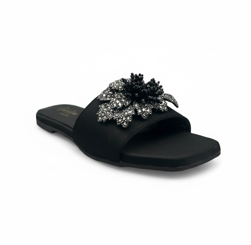 Sandalique FT10016 Black Floral Embellished Slip-On Flats