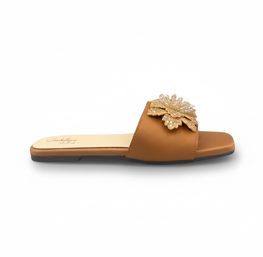 Sandalique FT10016 Brown1 Floral Embellished Slip-On Flats