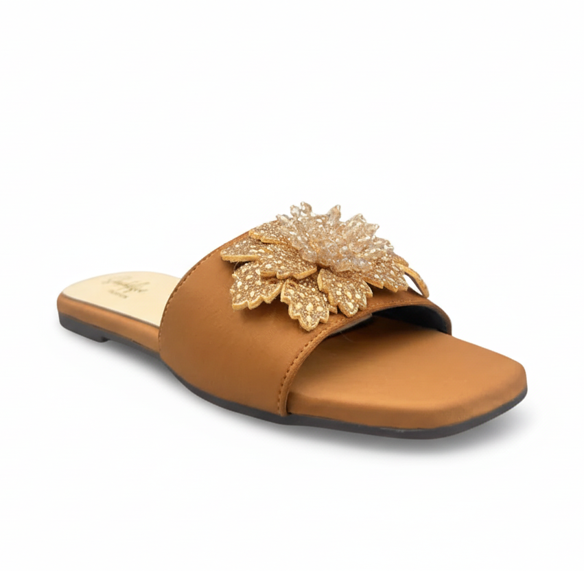 Sandalique FT10016 Brown Floral Embellished Slip-On Flats