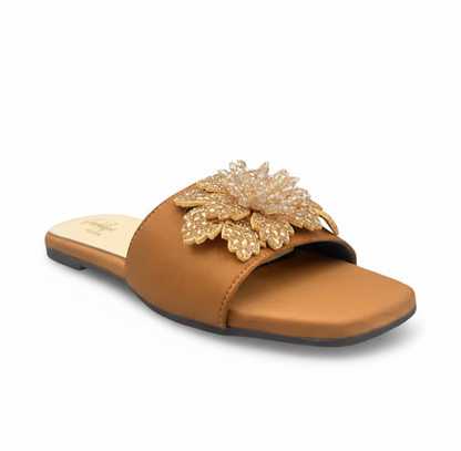 Sandalique FT10016 Brown Floral Embellished Slip-On Flats