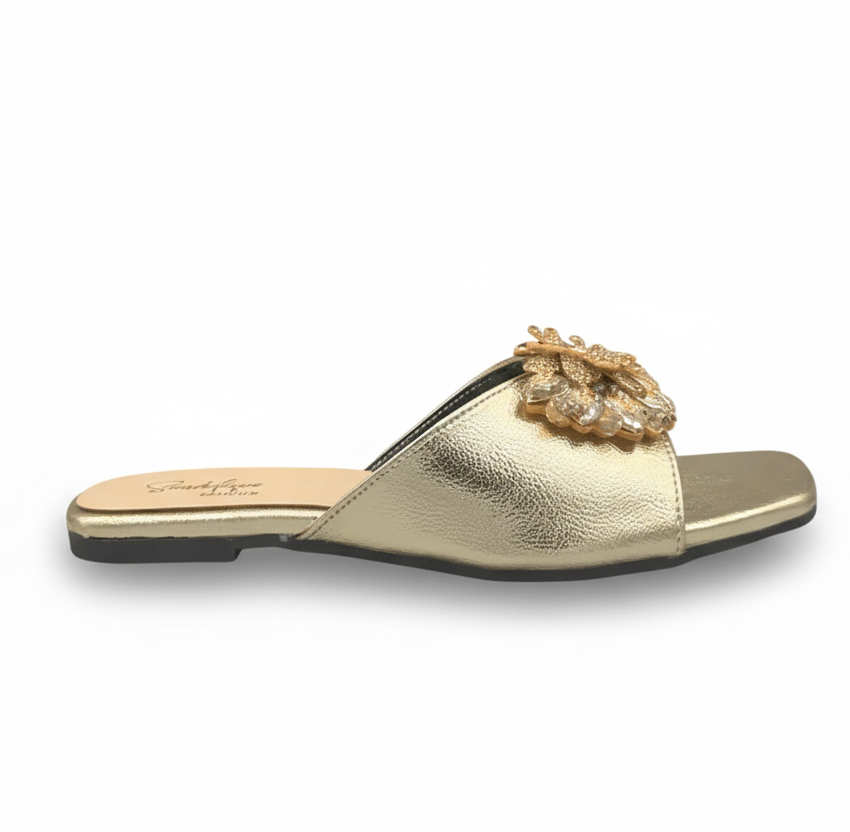 Sandalique FT10016 Gold1 Floral Embellished Slip-On Flats