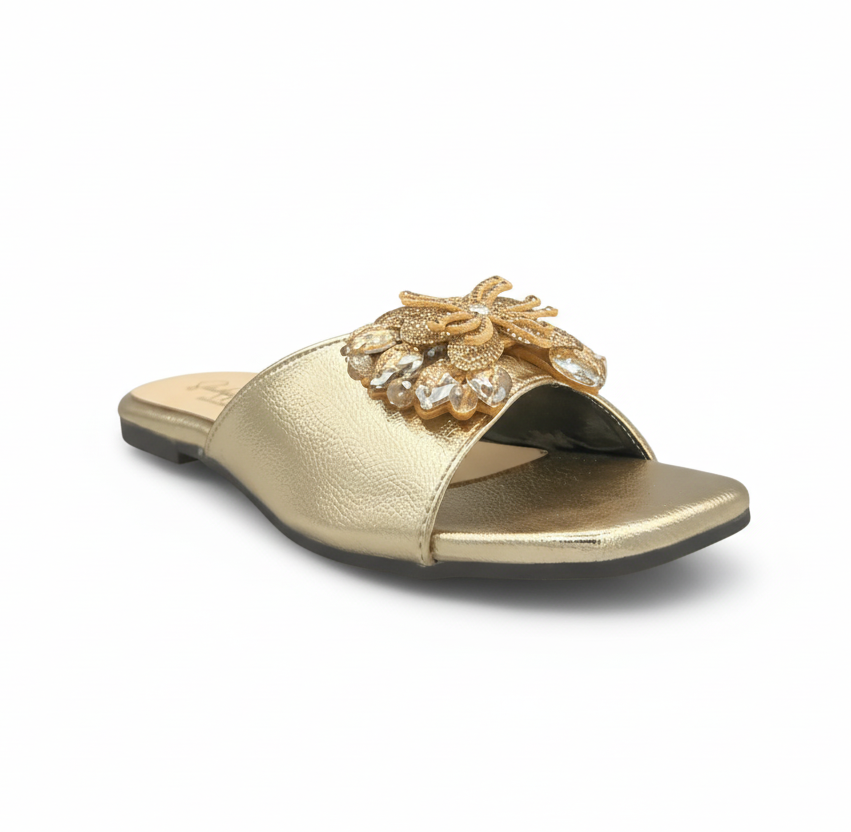 Sandalique FT10016 Gold Floral Embellished Slip-On Flats