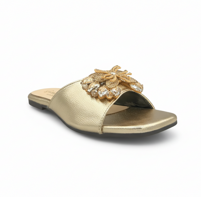 Sandalique FT10016 Gold Floral Embellished Slip-On Flats