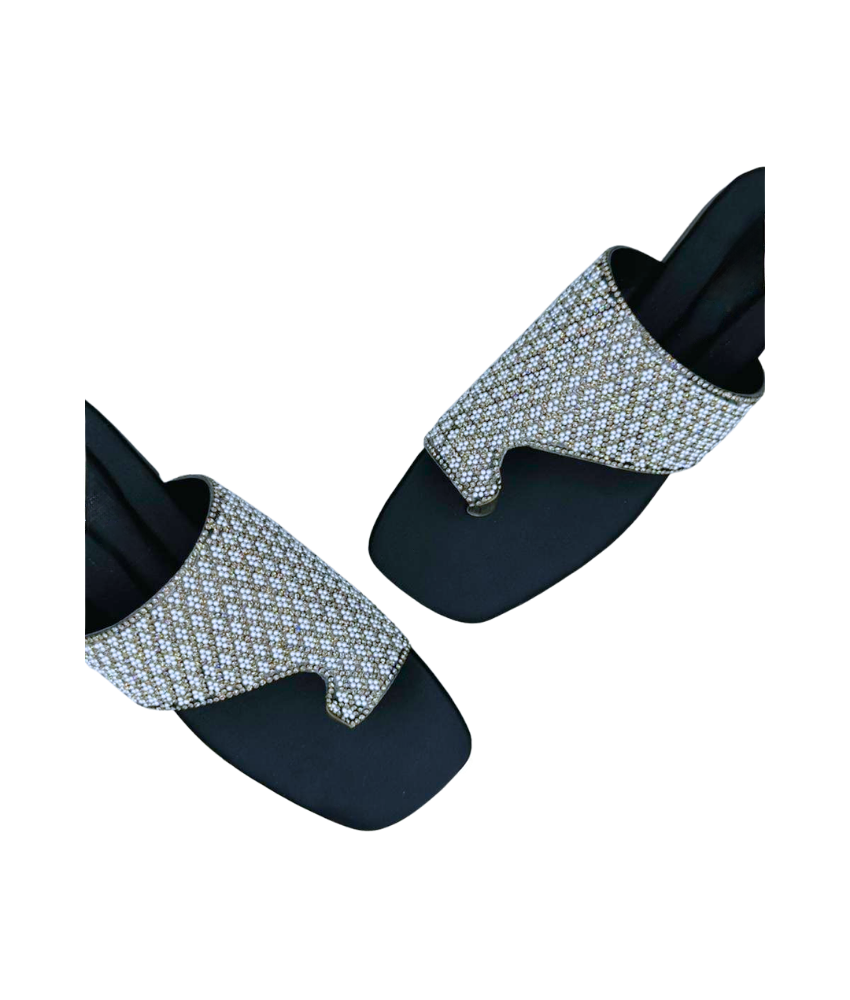 Sandalique FT10035 Black Crystal Embellished Flat Slides
