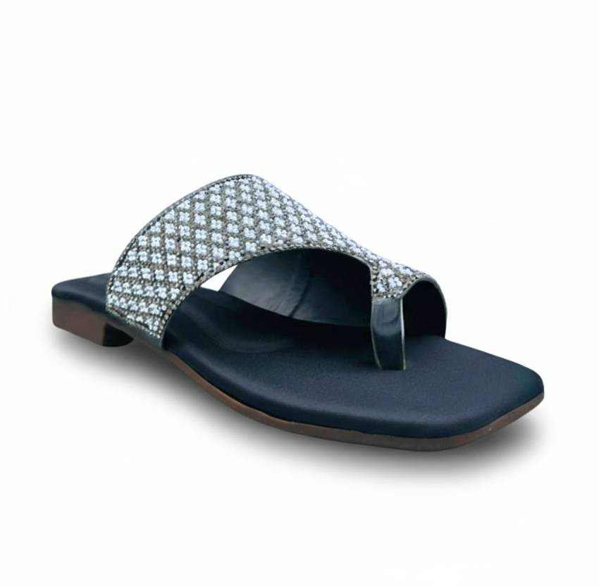 Sandalique FT10035 Black Crystal Embellished Flat Slides