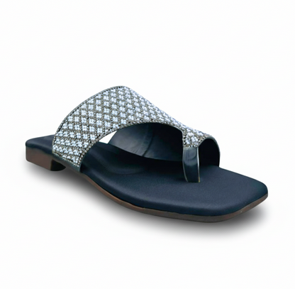 Sandalique FT10035 Black Crystal Embellished Flat Slides