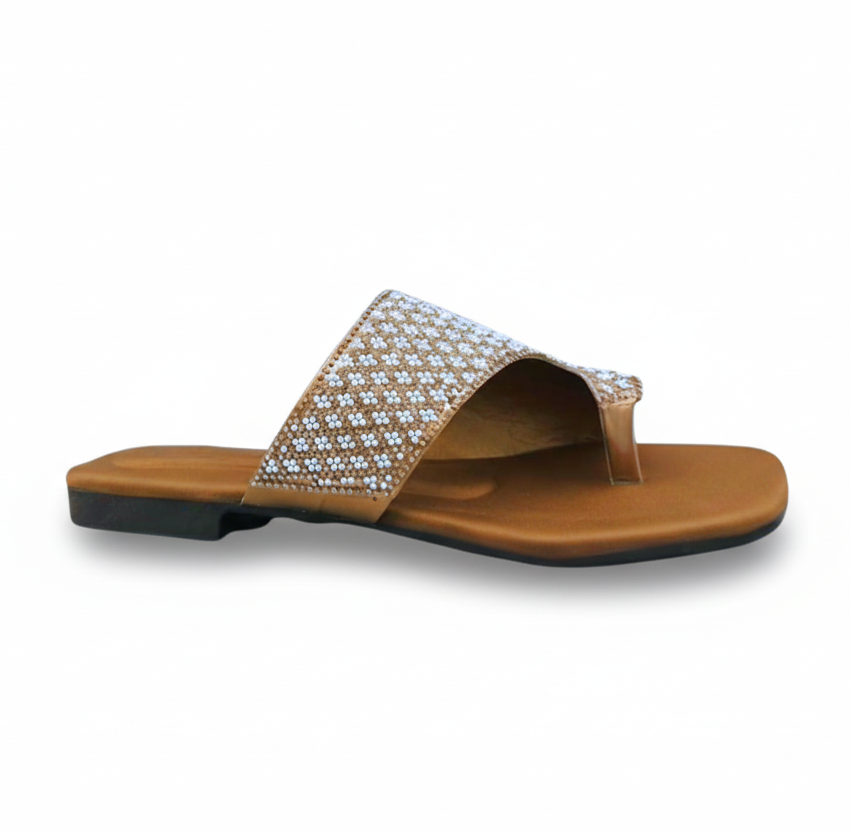 Sandalique FT10035 Brown Crystal Embellished Flat Slides
