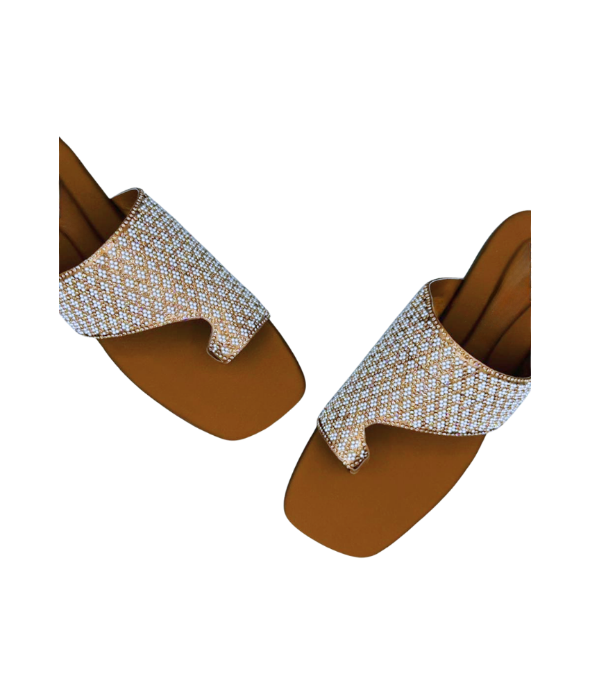 Sandalique FT10035 Brown Crystal Embellished Flat Slides
