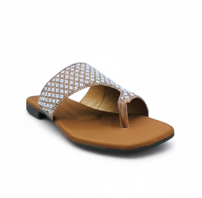 Sandalique FT10035 Brown Crystal Embellished Flat Slides