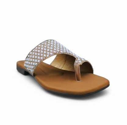 Sandalique FT10035 Brown Crystal Embellished Flat Slides
