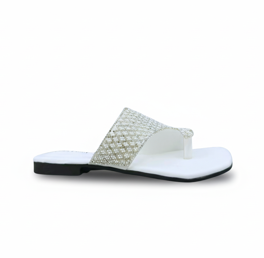 Sandalique FT10035 White Crystal Embellished Flat Slides