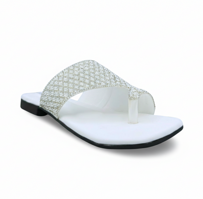 Sandalique FT10035 White Crystal Embellished Flat Slides