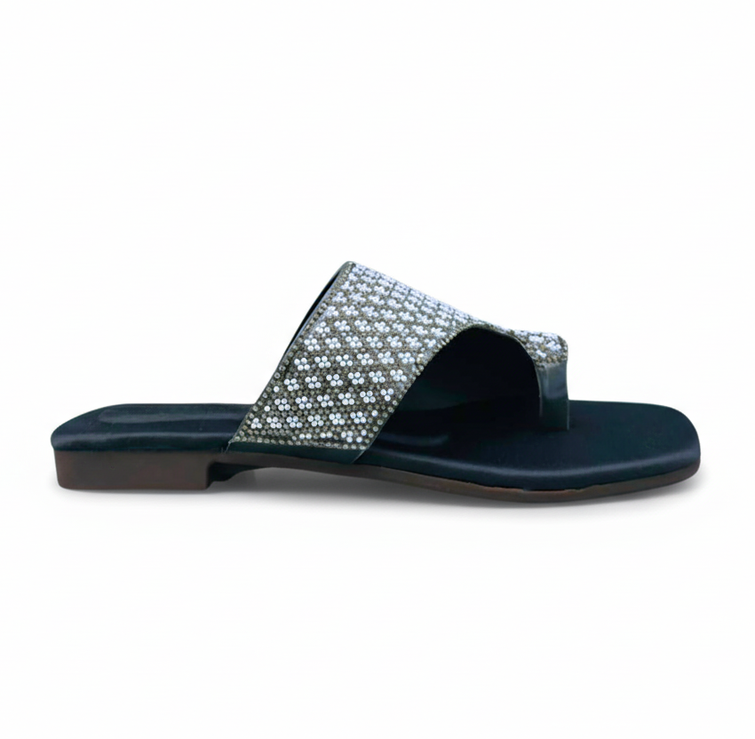 Sandalique FT10035 Black 2 Crystal Embellished Flat Slides