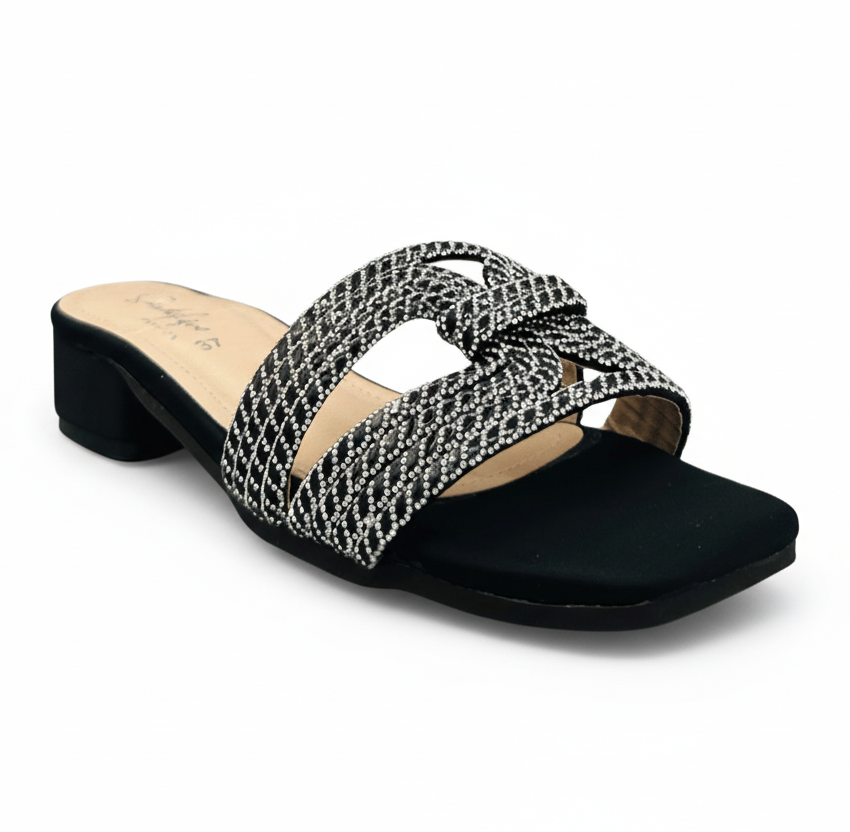 Sandalique FT10036 Black Embellished Cross Strap Slides