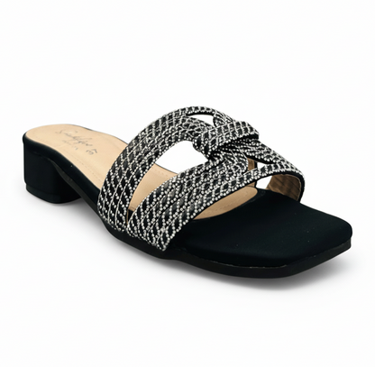 Sandalique FT10036 Black Embellished Cross Strap Slides