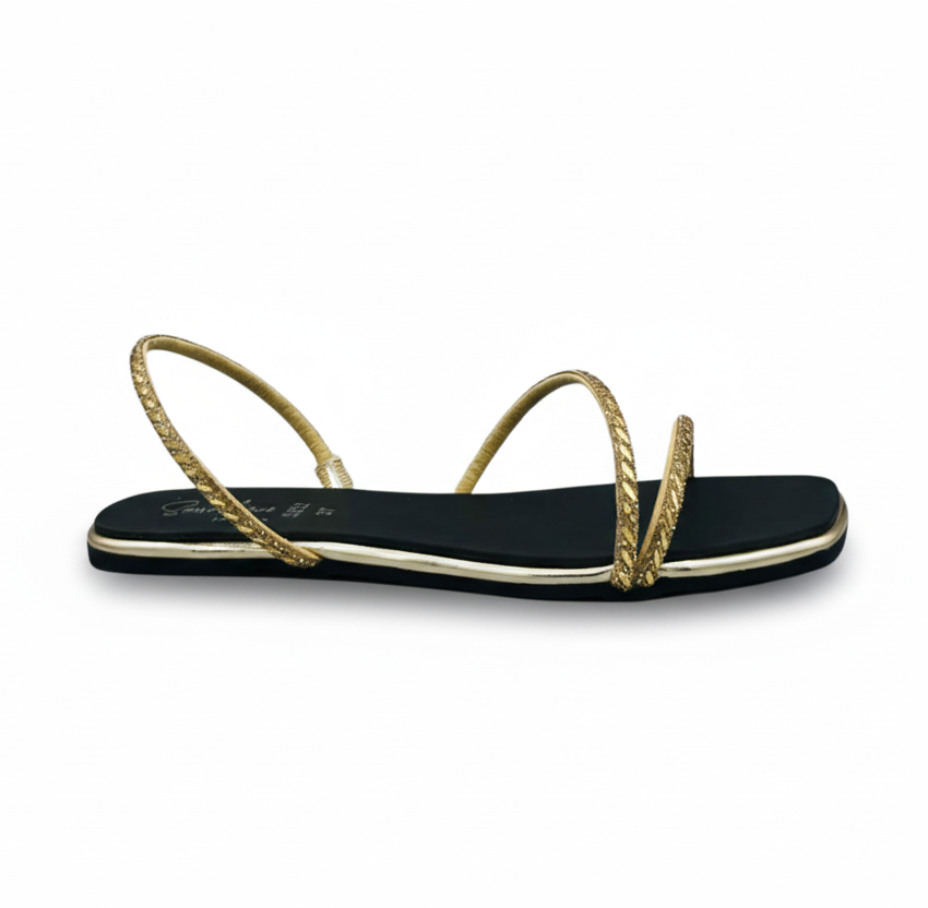 Sandalique FT10038 Gold Crystal Strap Flat Sandals