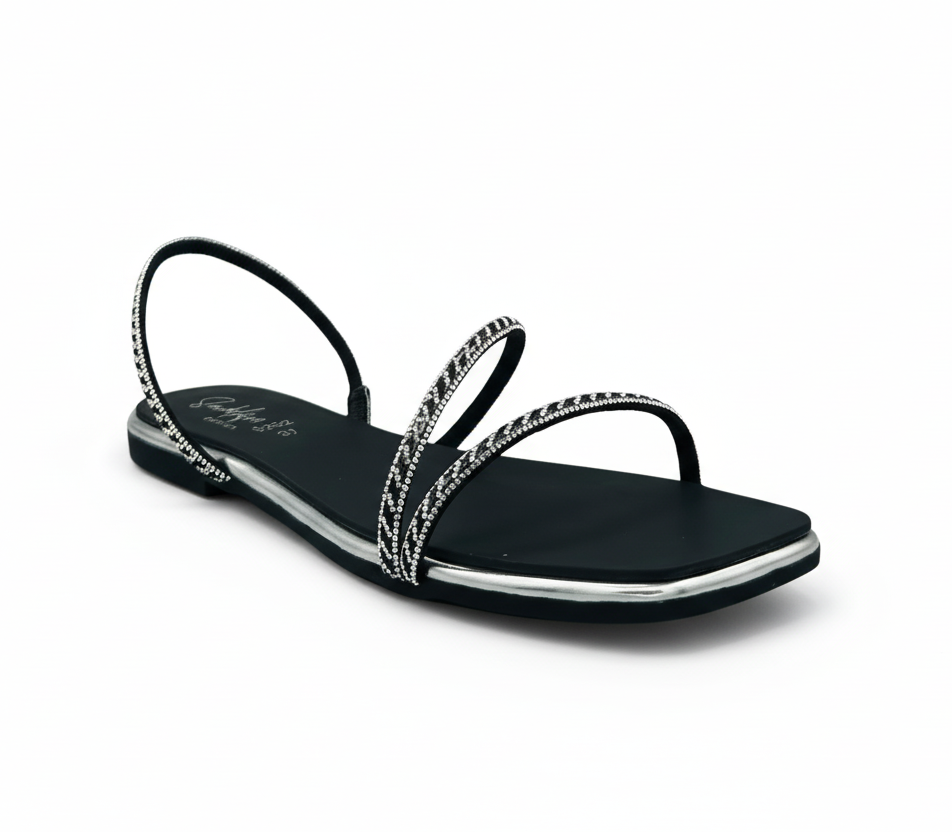 Sandalique FT10038 Silver Crystal Strap Flat Sandals