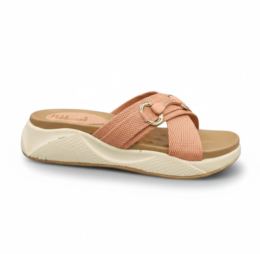 Sandalique FT10039 Pink Textured Cross Strap Comfort Slides
