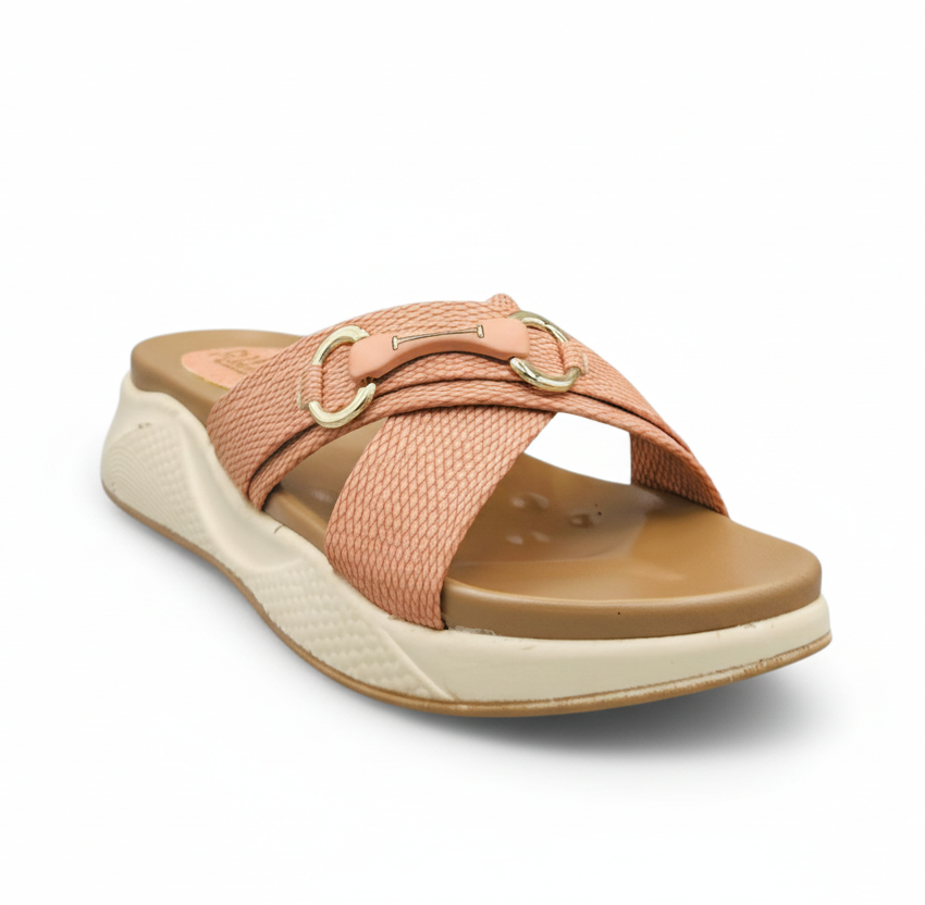 Sandalique FT10039 Pink Textured Cross Strap Comfort Slides