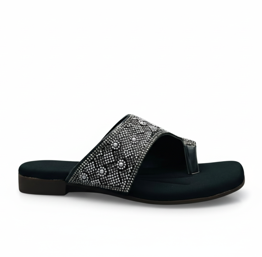 Sandalique FT10040 Black Embellished Toe Ring Flats