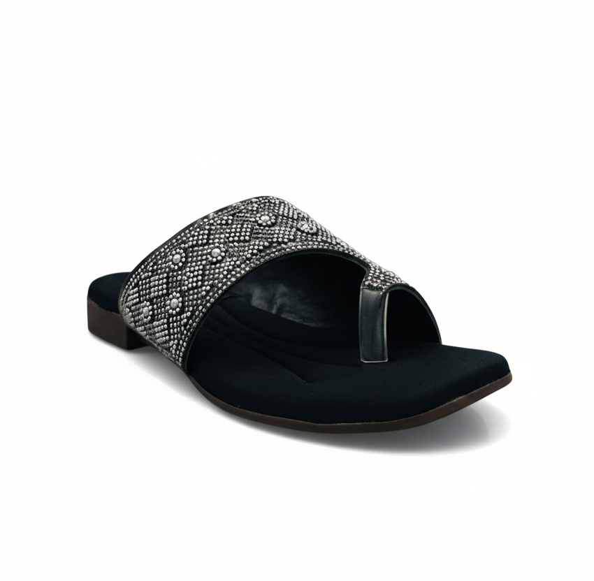 Sandalique FT10040 Black Embellished Toe Ring Flats