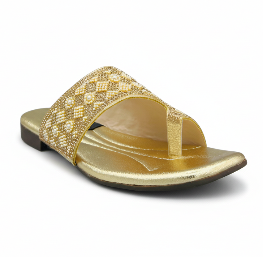Sandalique FT10040 Gold Embellished Toe Ring Flats