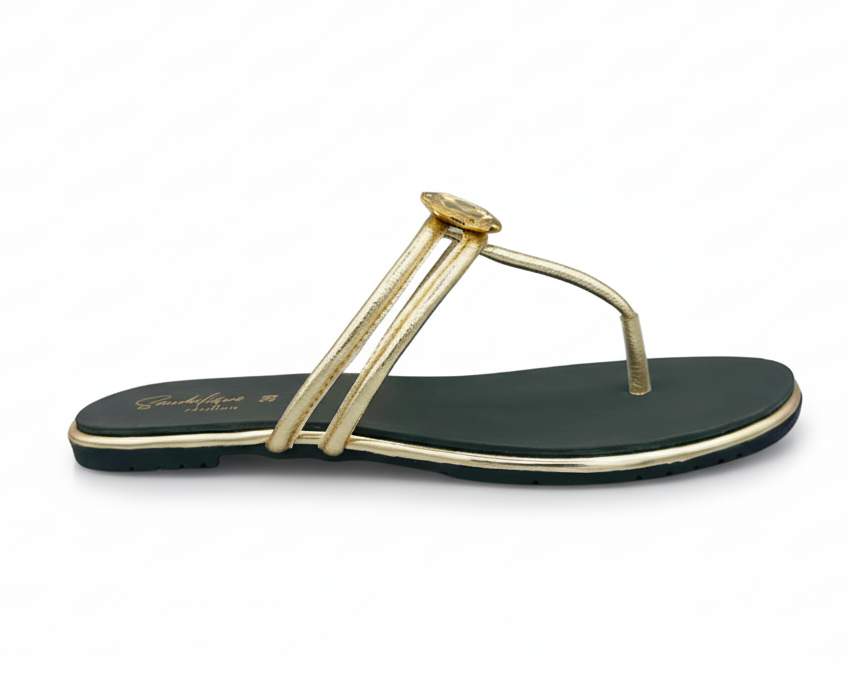 Sandalique FT10043 Gold Minimal Crystal Strap Flats