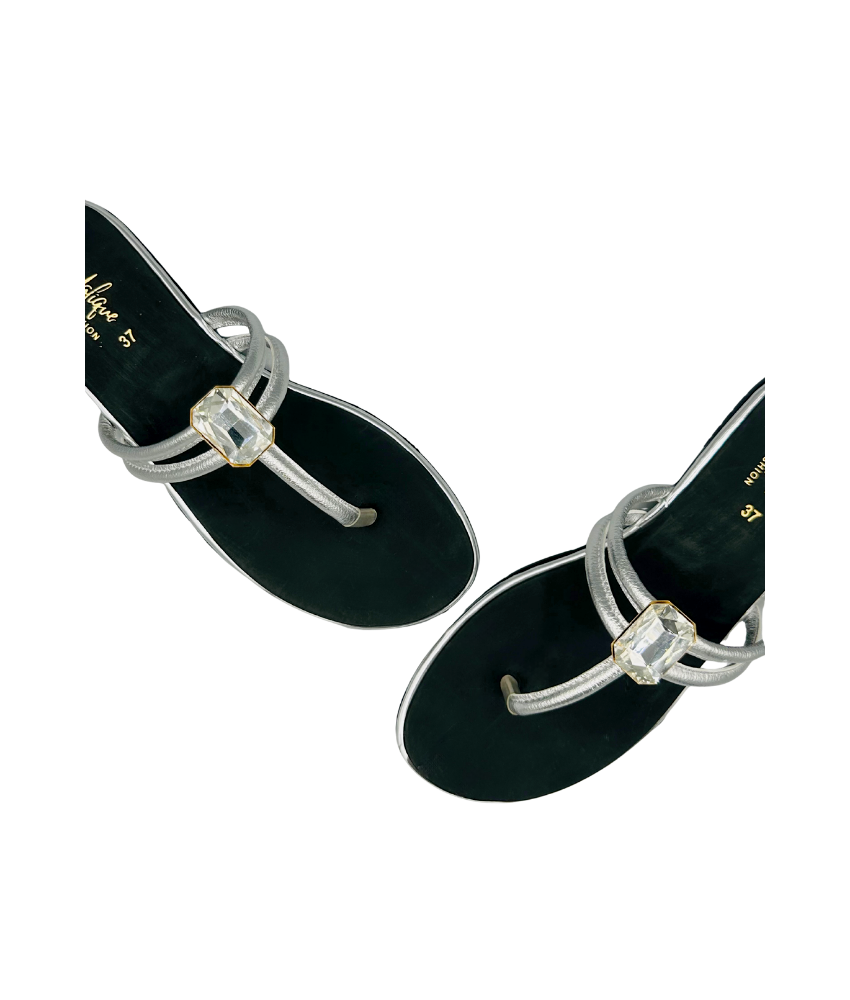 Sandalique FT10043 Silver Minimal Crystal Strap Flats