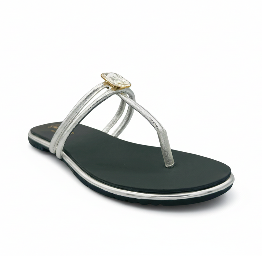 Sandalique FT10043 Silver Minimal Crystal Strap Flats