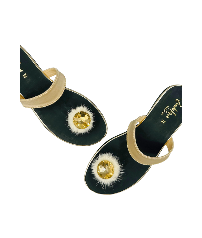 Sandalique FT10044 Gold Crystal Fur Accent Flats