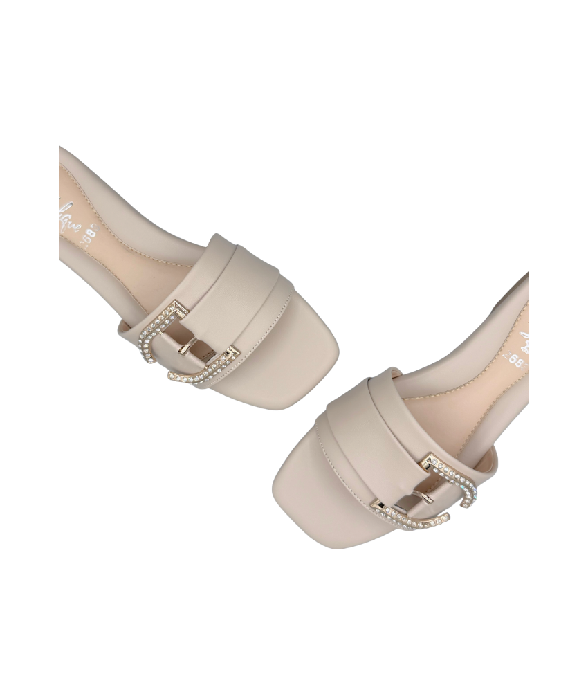 Sandalique FT10047 Beige crystal buckle comfort flats at Sandalique