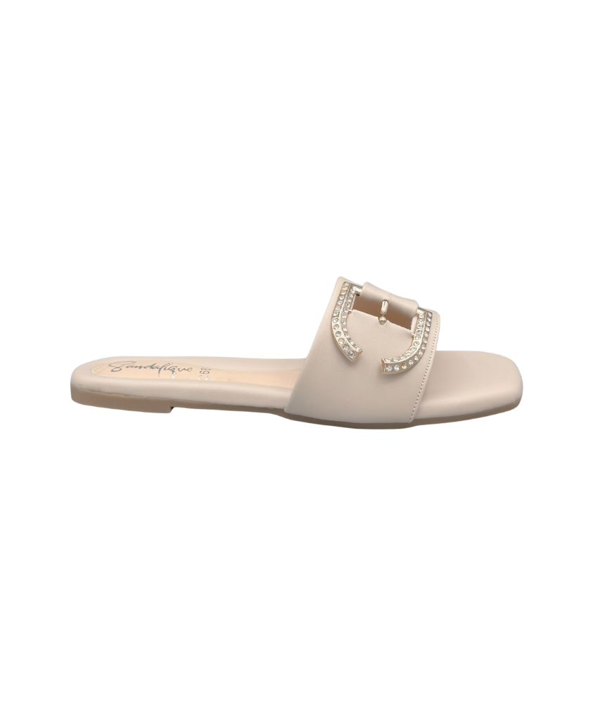 Sandalique FT10047 Beige crystal buckle comfort flats at Sandalique