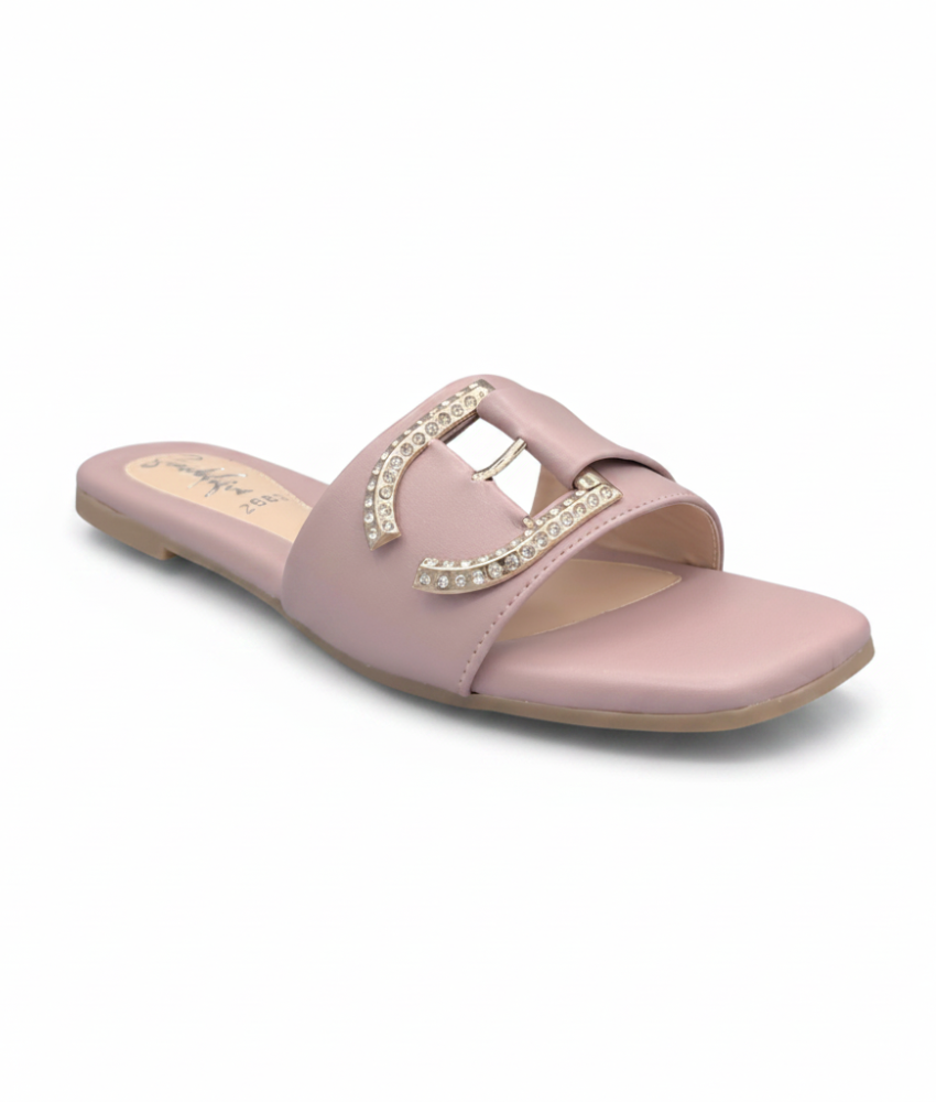 Sandalique FT10047 Pink crystal buckle comfort flats at Sandalique