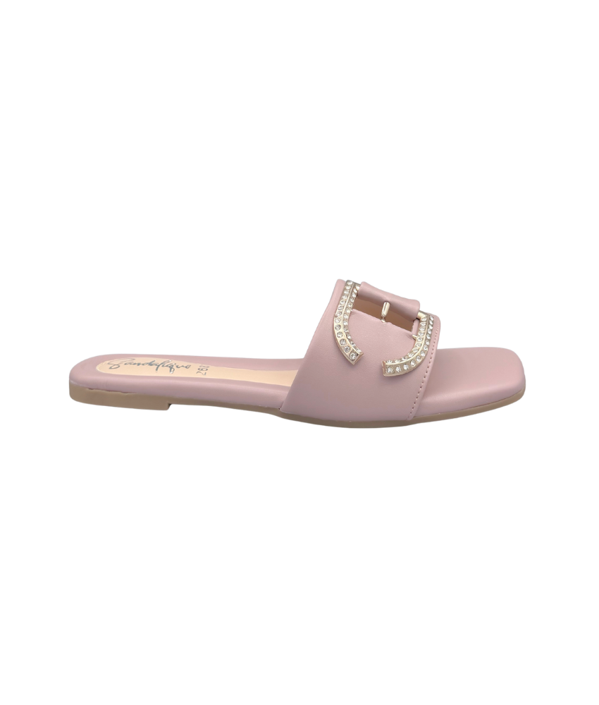Sandalique FT10047 Pink crystal buckle comfort flats at Sandalique