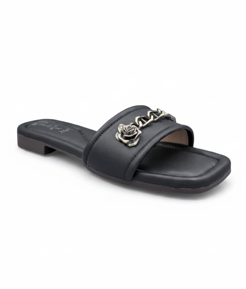Sandalique FT10049 Black Rose Accent Comfort Flats