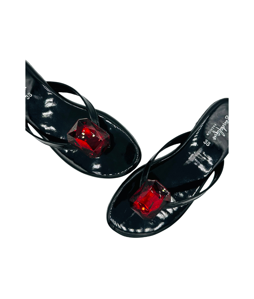Sandalique FT10050 Black 2 Statement Crystal Toe Ring Flats