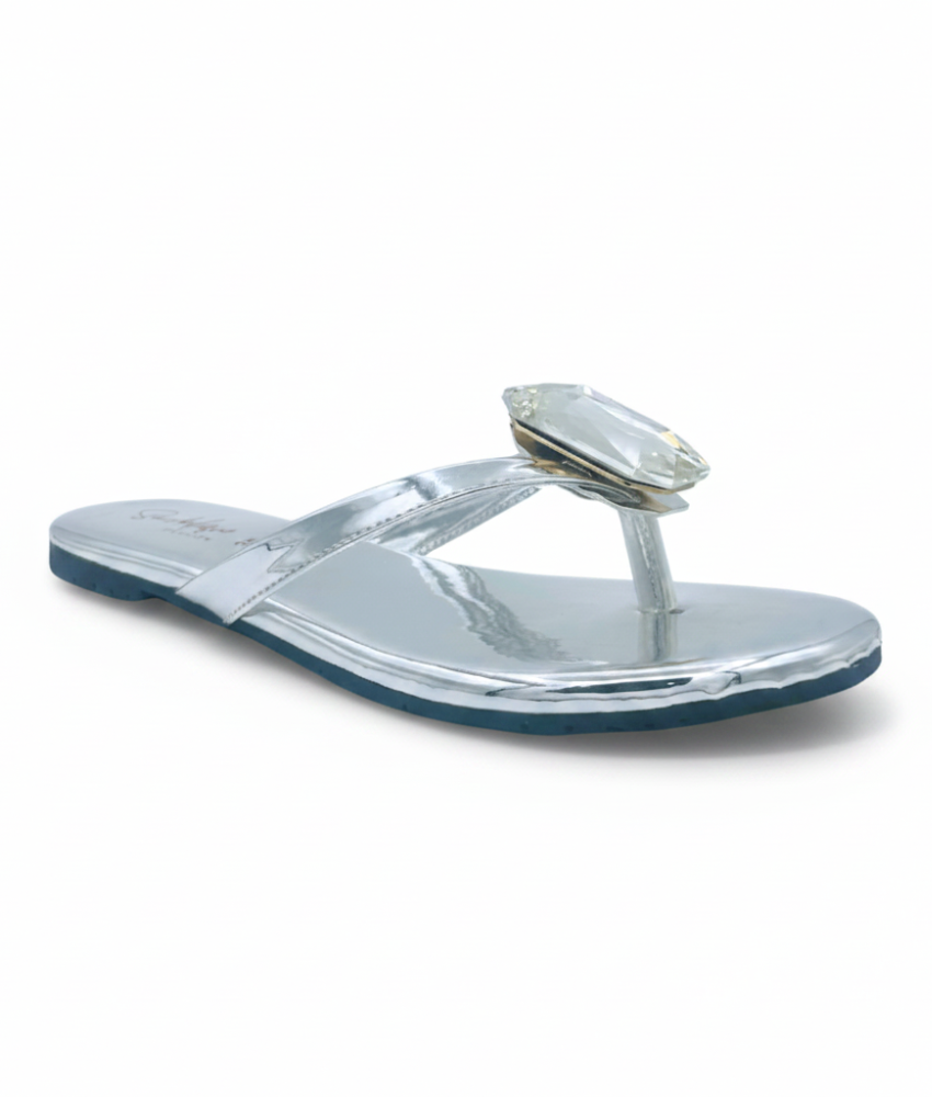 Sandalique FT10050 Silver 1 Statement Crystal Toe Ring Flats