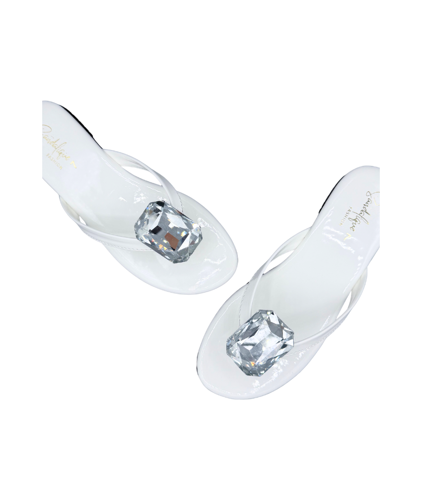 Sandalique FT10050 White 2 Statement Crystal Toe Ring Flats