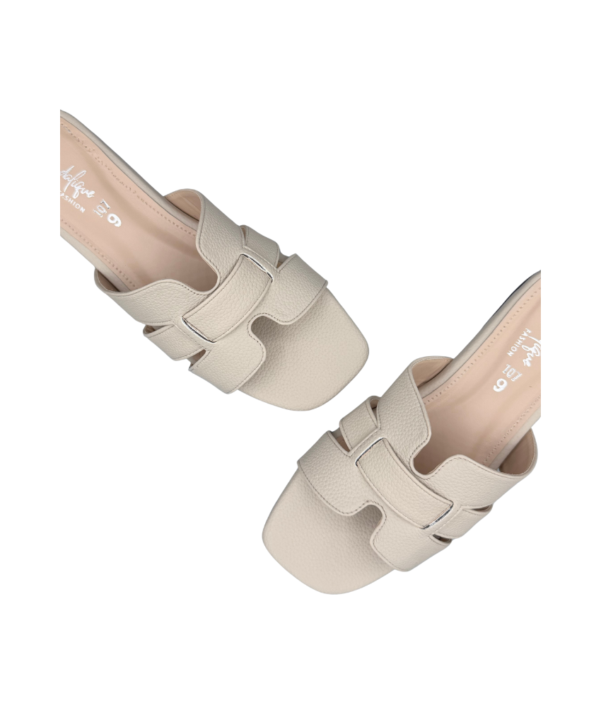 Sandalique FT10051 Beige Textured Cross Strap Flat Slippers