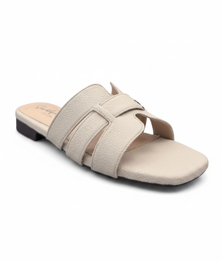 Sandalique FT10051 Beige Textured Cross Strap Flat Slippers