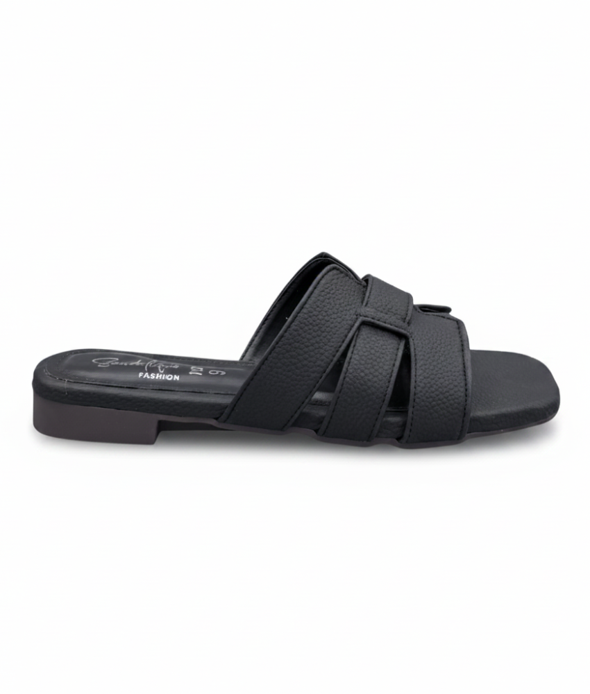 Sandalique FT10051 Black Textured Cross Strap Flat Slippers