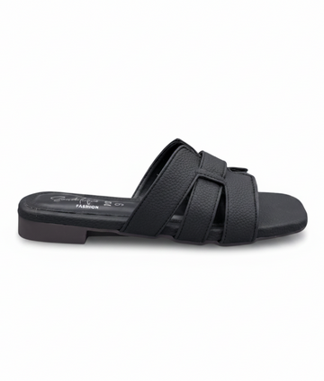 Sandalique FT10051 Black Textured Cross Strap Flat Slippers