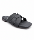 Sandalique FT10051 Black Textured Cross Strap Flat Slippers