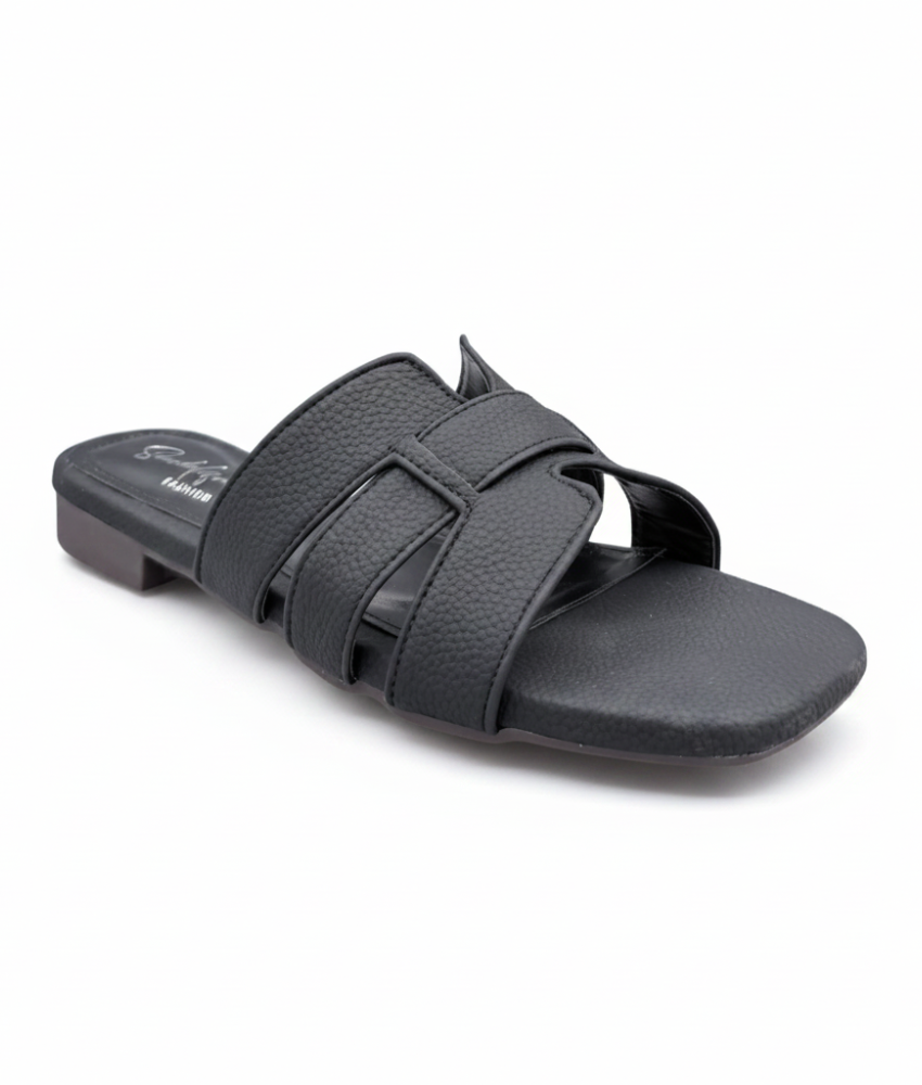 Sandalique FT10051 Black Textured Cross Strap Flat Slippers